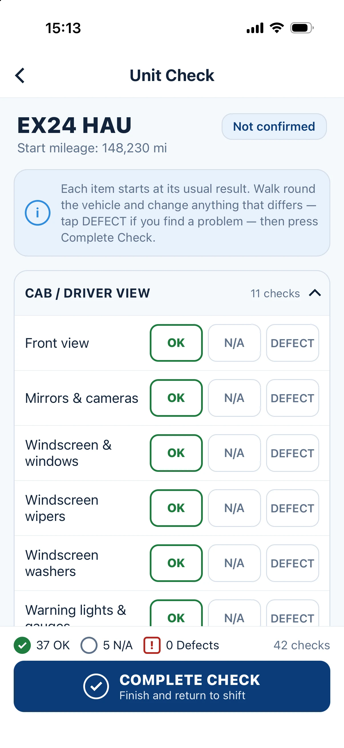 The driver app's Unit Check: each item answered OK, N/A or Defect, with a running count and a Complete Check button.