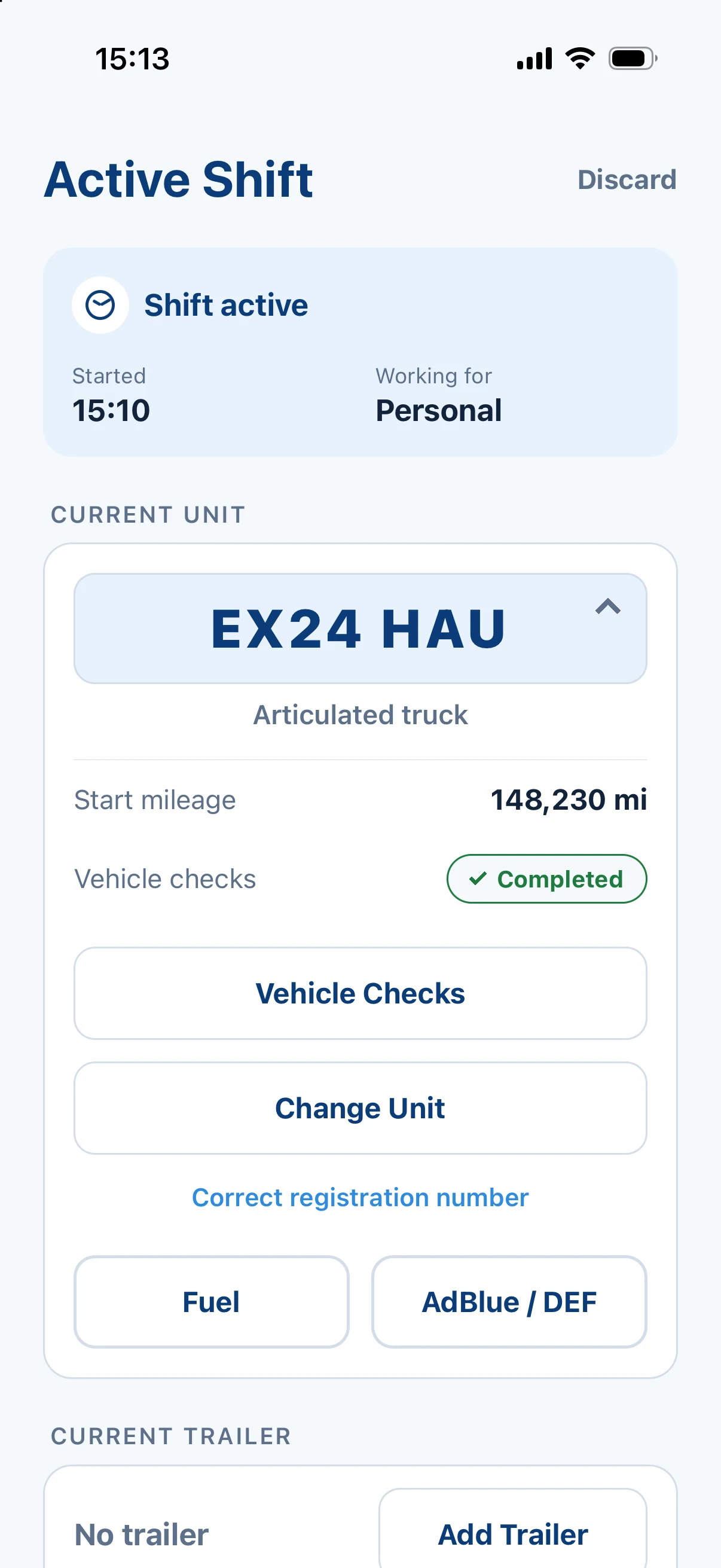 The LogisticBay Timesheets driver app: an active shift for vehicle EX24 HAU, with its start mileage and the vehicle check completed.