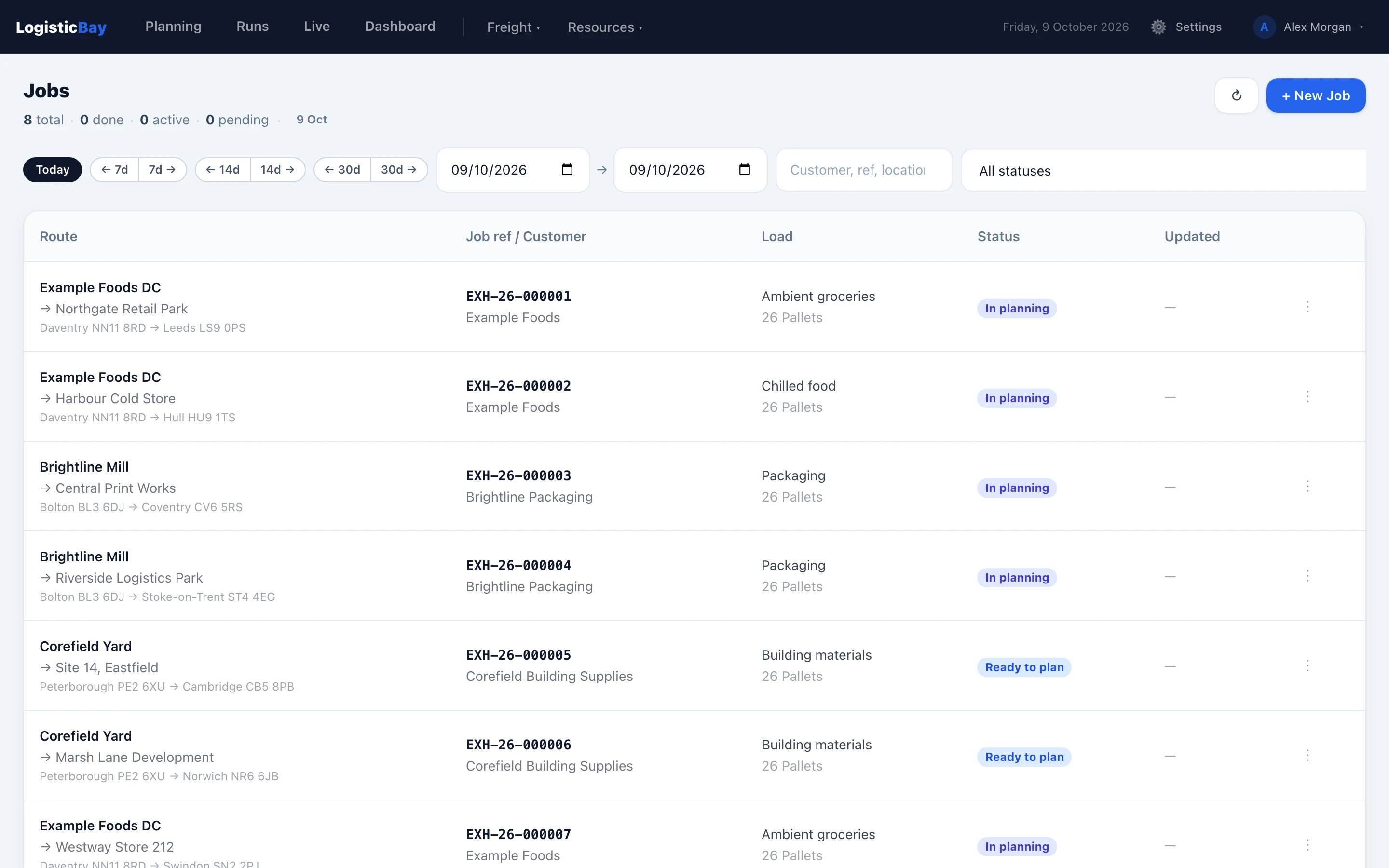 The LogisticBay TMS Jobs list: each job's route, reference, customer, load and status.