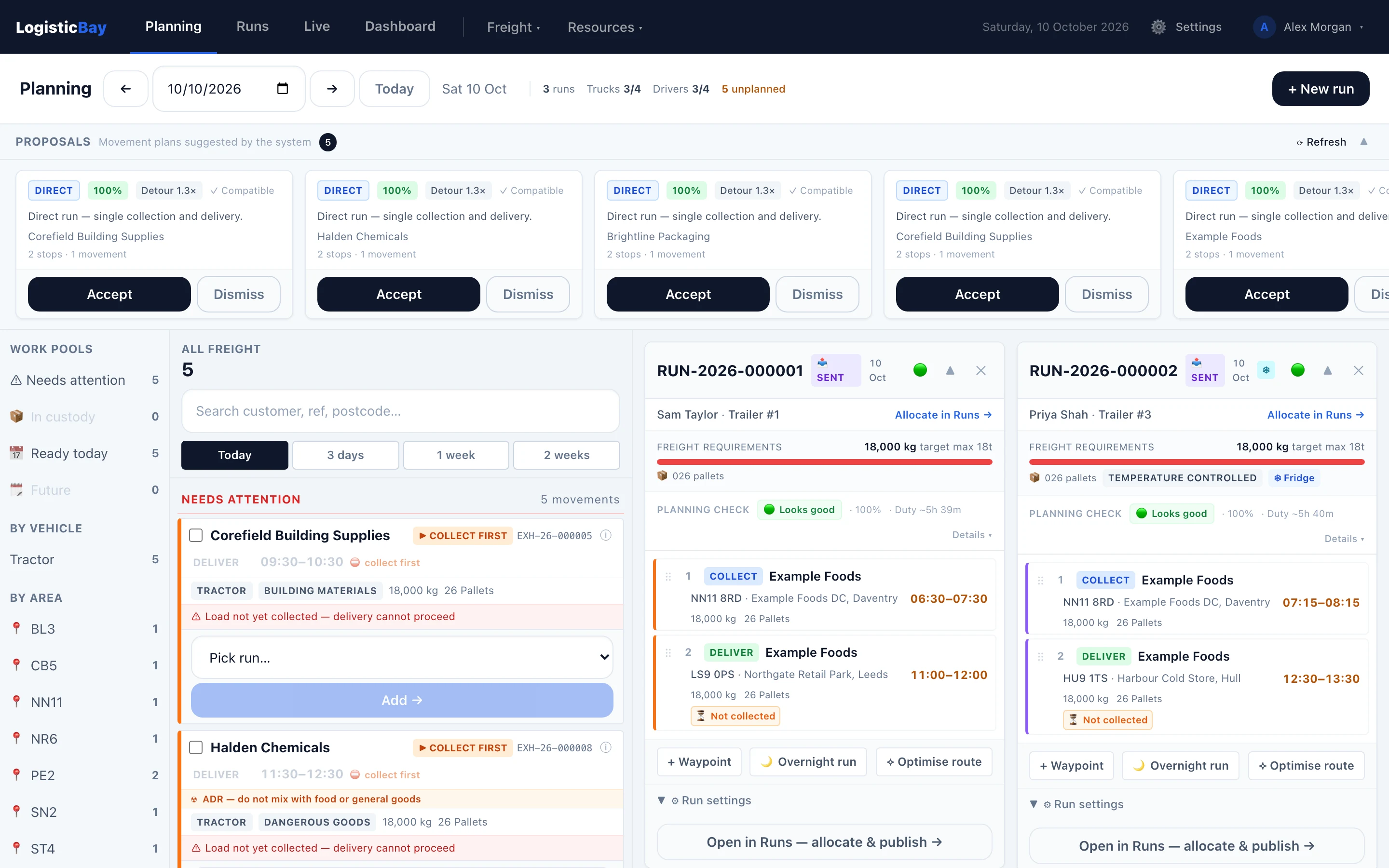 The LogisticBay TMS Planning screen: freight waiting to be planned on the left, and runs with their stops and planning checks on the right.
