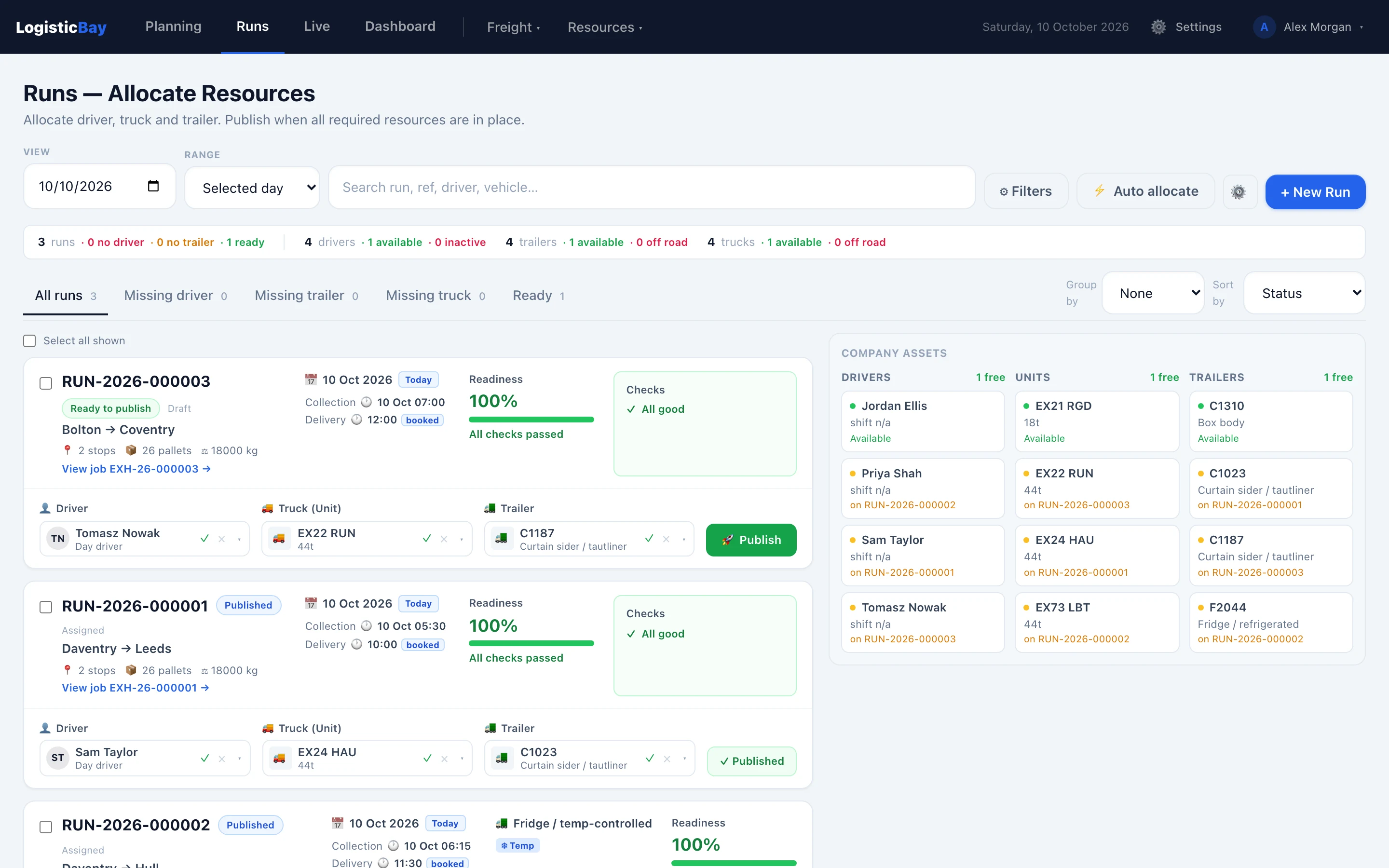 The LogisticBay TMS Runs screen: each run with its collection and delivery, a readiness check, and the driver, truck and trailer assigned to it, beside a panel of the company's drivers, units and trailers.